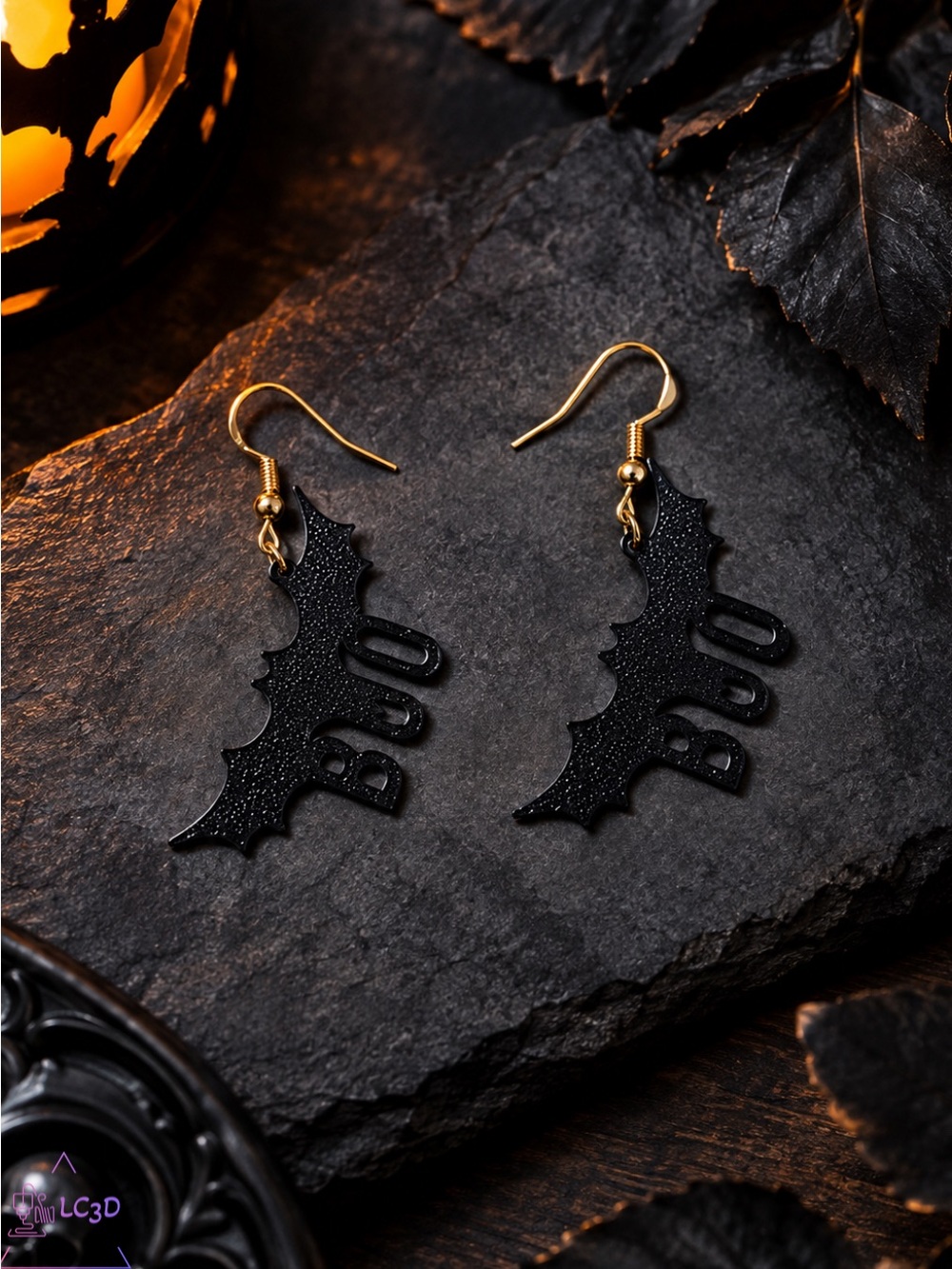 Halloween Bat 'BOO' Drop Earrings - Black -